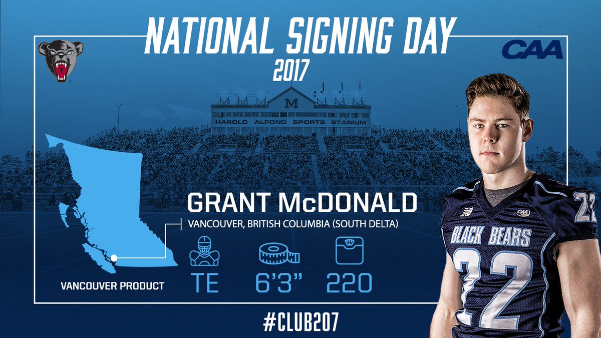 BlackBearsFB's tweet photo. Welcome to #Club207 @grantmcd22!

TE | 6-3 | 220 | Vancouver, B.C. (South Delta)

#NSD17 #CAAFB

Highlights: https://t.co/SvAyyaMaaN https://t.co/KPKCqL4zfG