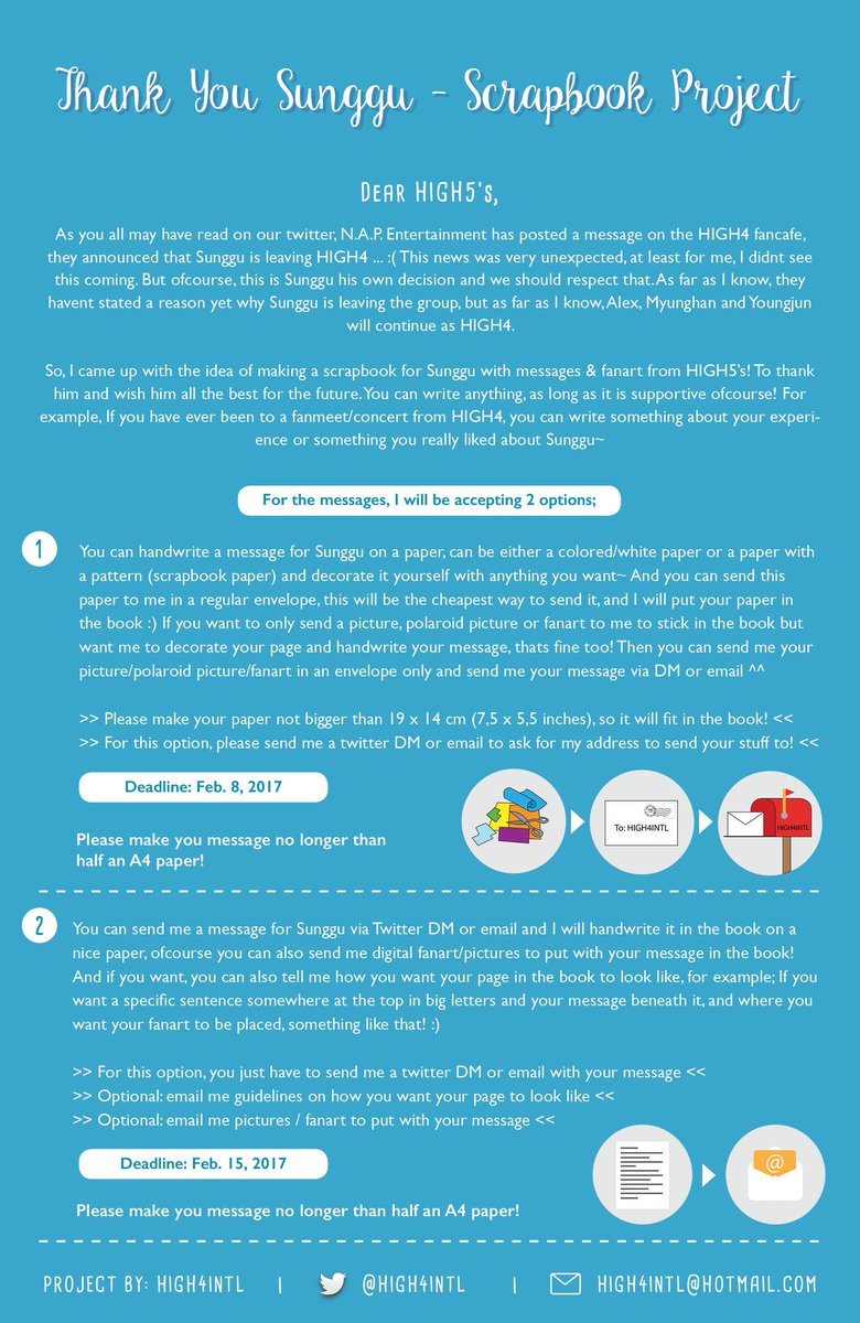 High4intl's tweet photo. [ 📒 Thank You Sunggu - Scrapbook Project✒ ]
• Deadline option 1 ; Feb 8
• Deadline option 2 ; Feb 15
• Messge size; Half A4!
#ThankYouSunggu https://t.co/b5ch2dcNpo