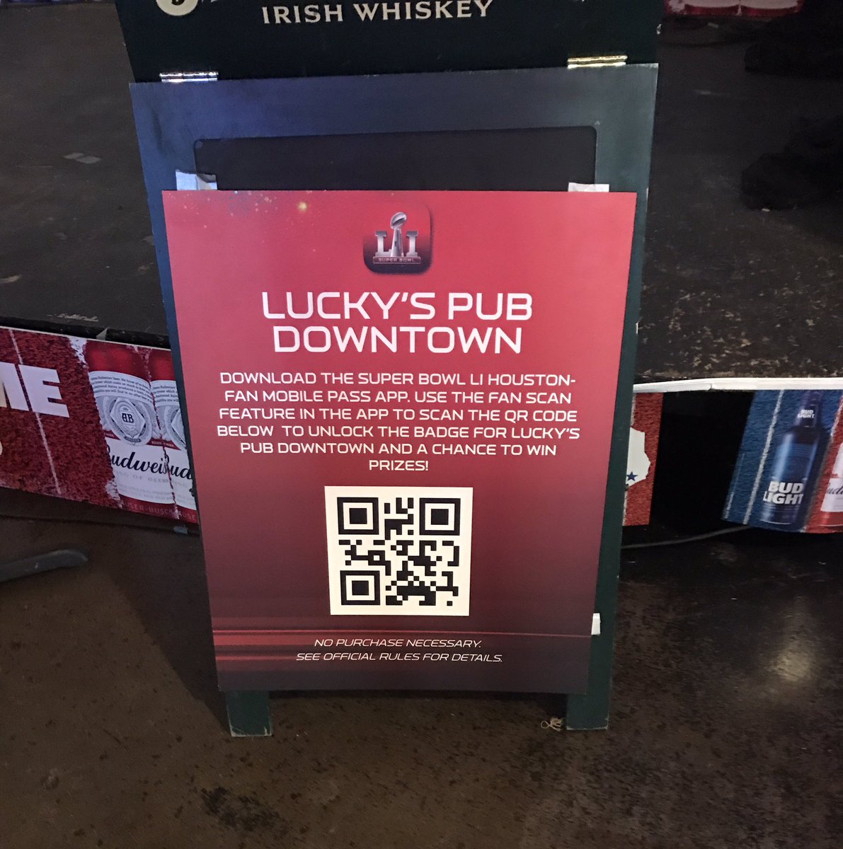 EadoEndZone's tweet photo. Want to win some awesome prizes? Make sure to download the #SB51 Fan Mobile Pass App and scan @LuckysPub's QR code! https://t.co/Ev9Su6FpBq