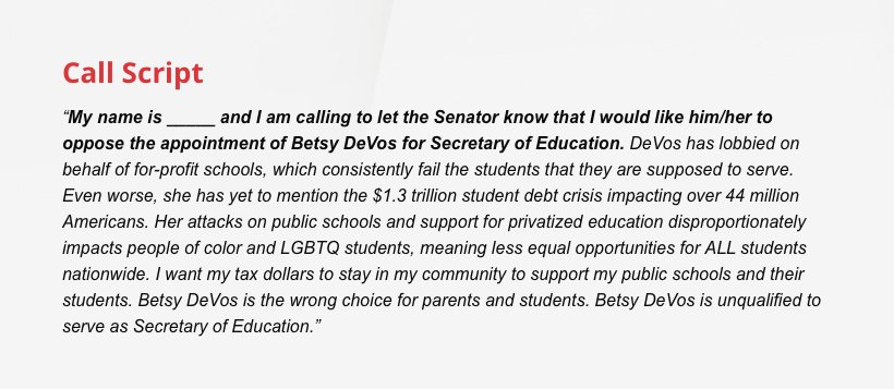 DebtCrisisOrg's tweet photo. We need ONE SENATOR to VOTE NO to block the nomination of @BetsyDeVos. Call these five Senators to #StopDeVos: https://t.co/cJkbIfzDcA https://t.co/Z3VtBlrUyA
