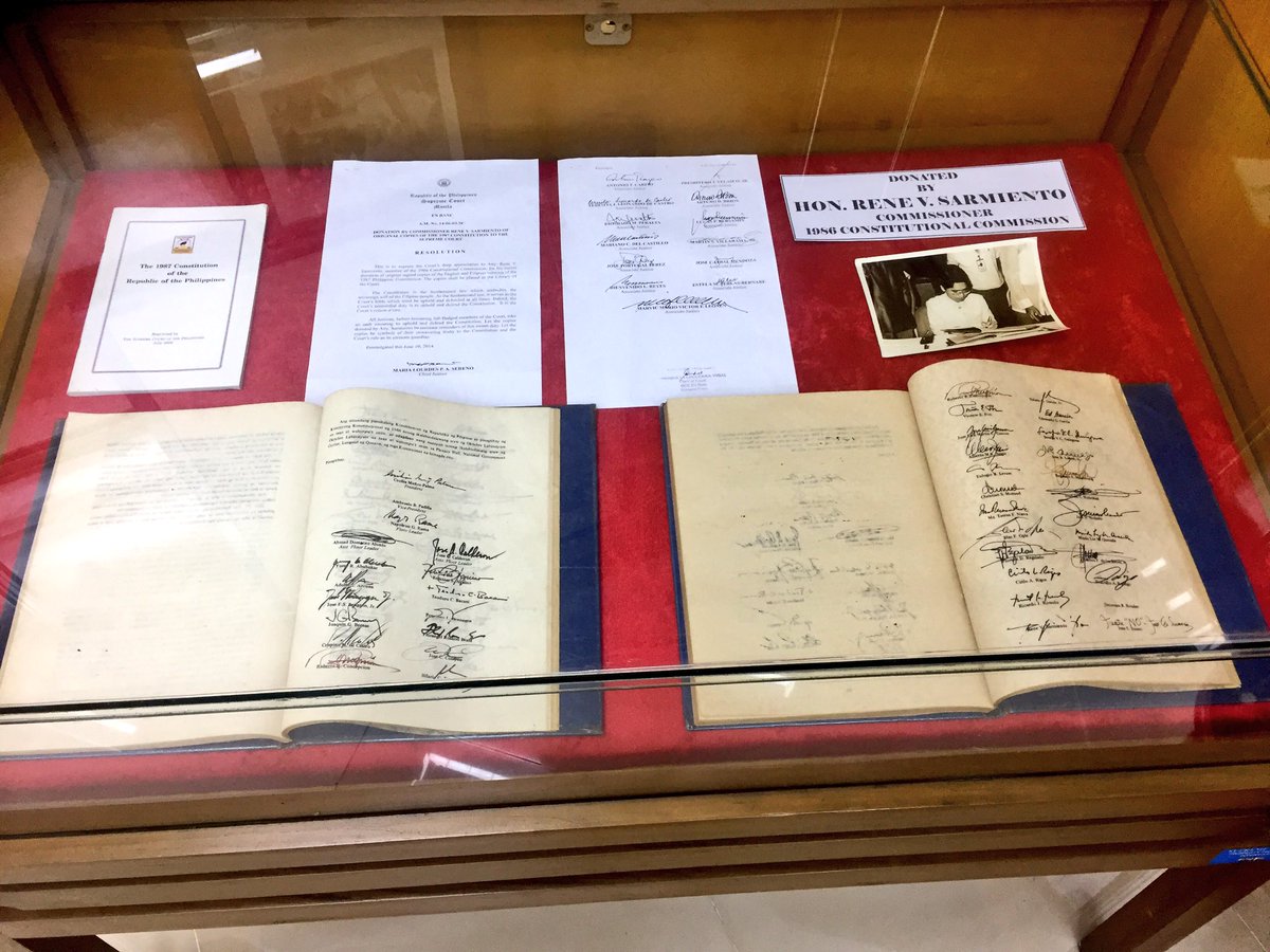 SCPh_PIO's tweet photo. Original signed copies of the English and Filipino versions of the 1987 Philippine Constitution at the Library of the Supreme Court https://t.co/20mAE9zoQI