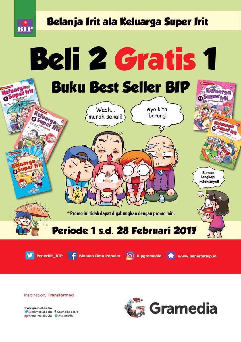 Bagi kolektor #KeluargaSuperirit, kini cukup bayar 2 untuk dapetin 3 buku 😱 Penawaran yg sulit ditolak, kan?
Berlaku di seluruh Gramedia