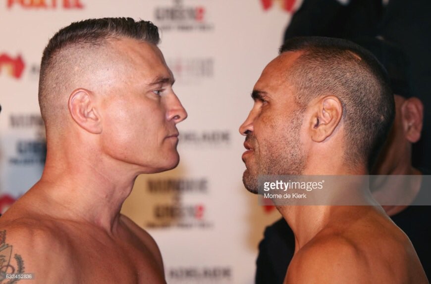 Mundine v Green stand-off after weighing in today at the #adelaideoval #gettyimages #manvmachine #dannygreen #anthonymundine #boxing