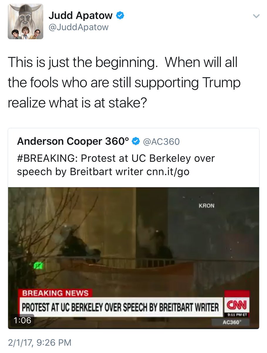 bakedalaska's tweet photo. Why did Hollywood Shill @JuddApatow delete his tweet advocating for violence against Trump supporters saying "this is just the beginning"? 🤔 https://t.co/MR4lVo8nMG