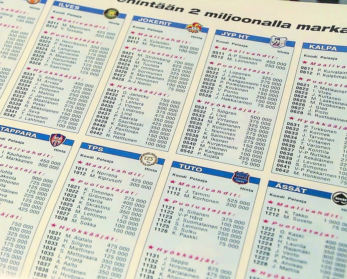 Liigaporssi's tweet photo. Tässä pala #Liigapörssi'n #historia'a. Hinnat olivat markkoja ja niitä katseltiin puhelimen sijaan lehdestä. Muistaako joku? #liiga https://t.co/3Mf5n3p9AT