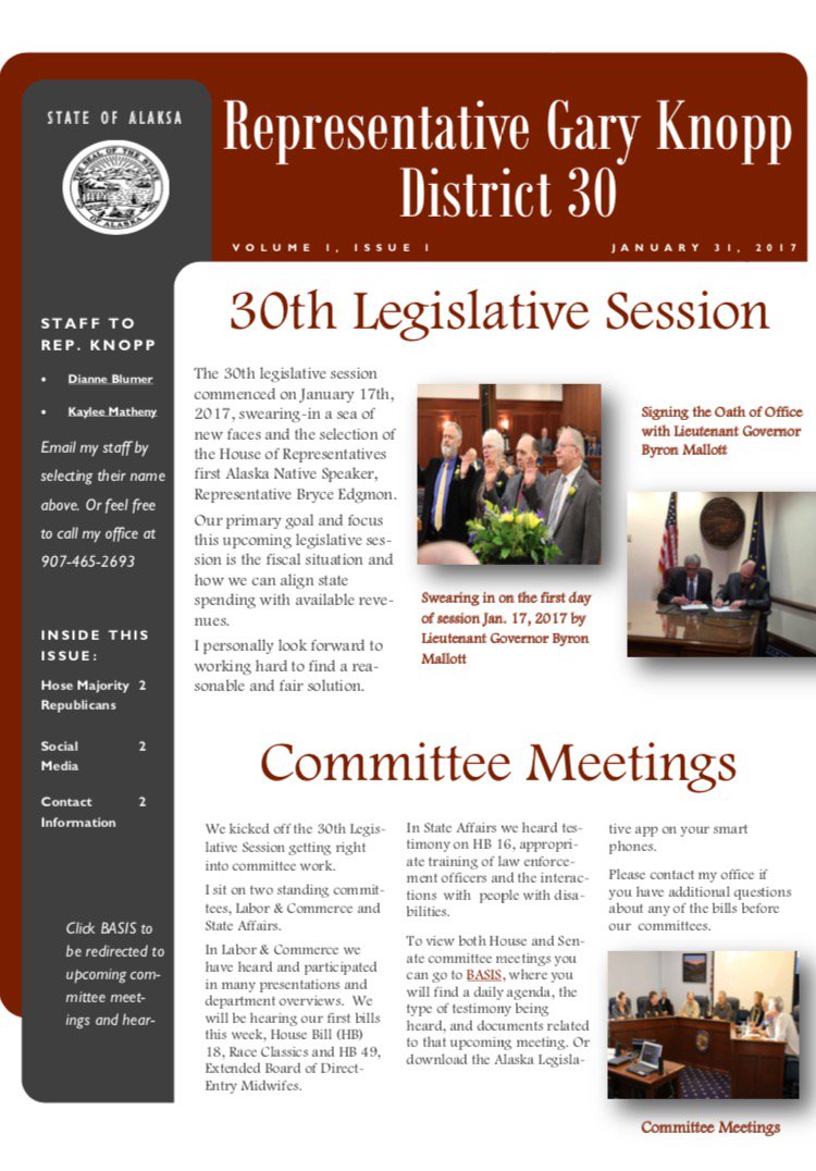 Sneak peak of my newsletter! If you would like to join please email my staff at Kaylee.Matheny@akleg.gov with your name &amp; email.