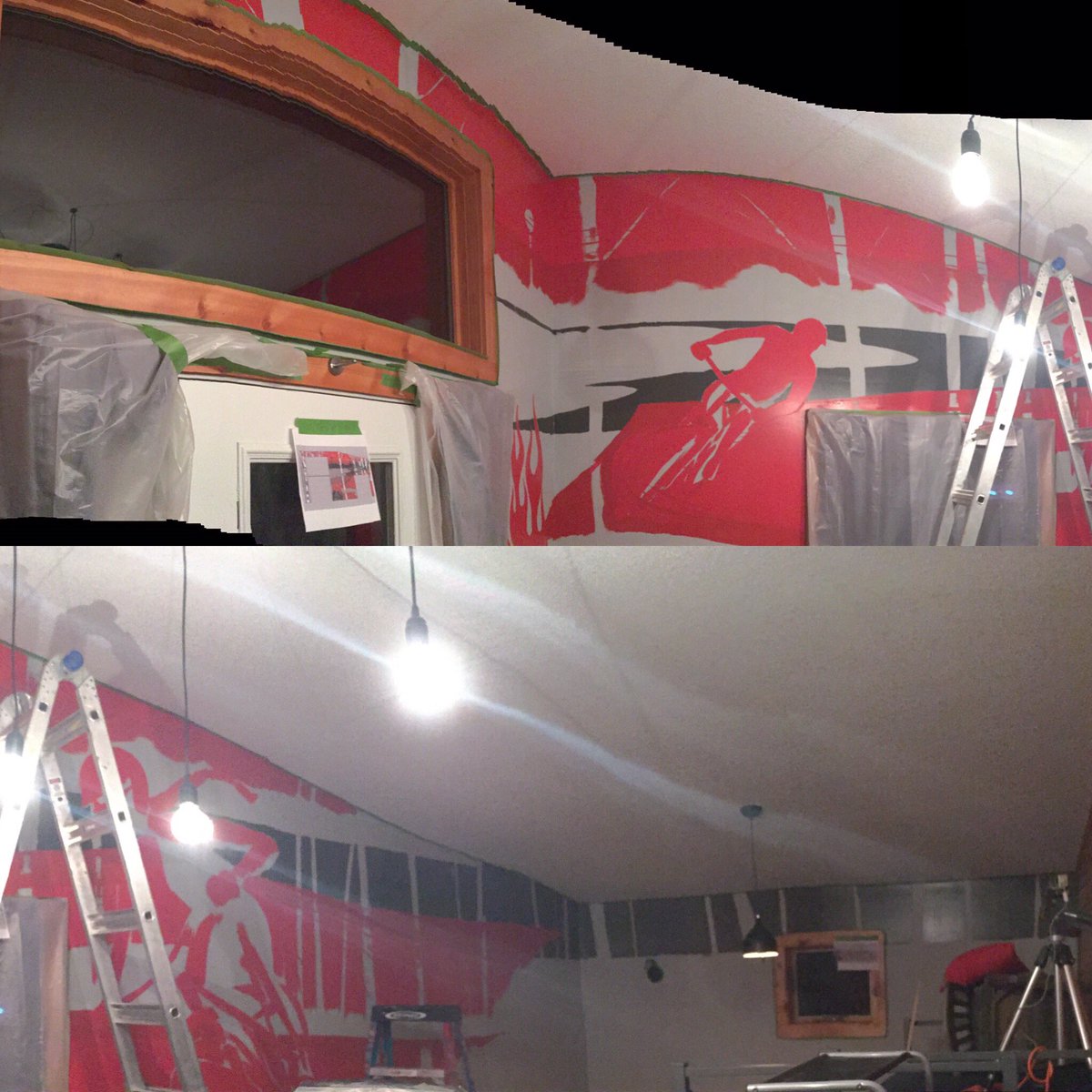 AdamTurman's tweet photo. Day-1 progress on the #truenorthbasecamp #mural #adamturman #surlybrewing #wip #painting #cabin #mountainbike #fatbike #cuyuna https://t.co/LkDt0lo0G9