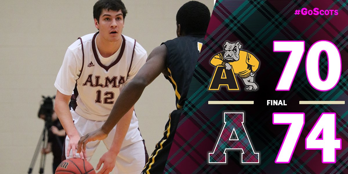 MBB: SCOTS WIN!!!!! @AlmaScotsBball beats Adrian, 74-70. Laketa and Gernaat w/ 14 points each. Alma 10-10, 6-3 in the MIAA. #d3h #plaidwins