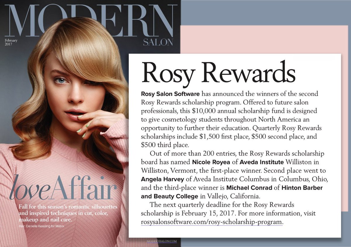 GetRosy's tweet photo. Rosy Rewards Scholarship winners were published in this month's Modern Salon Magazine! #scholarship #bestsalonsoftware https://t.co/uLuOKEIFYb