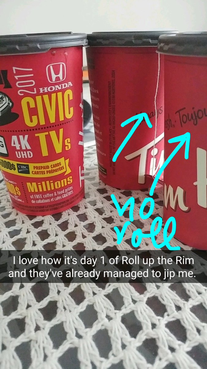 prmak22's tweet photo. Excited to #RollUpTheRim . One problem; Is it now buy 3 coffees get 1Roll up the Rim for free? #Disappointed #FeelingJipped @TimHortons https://t.co/g6YmKKUwNB