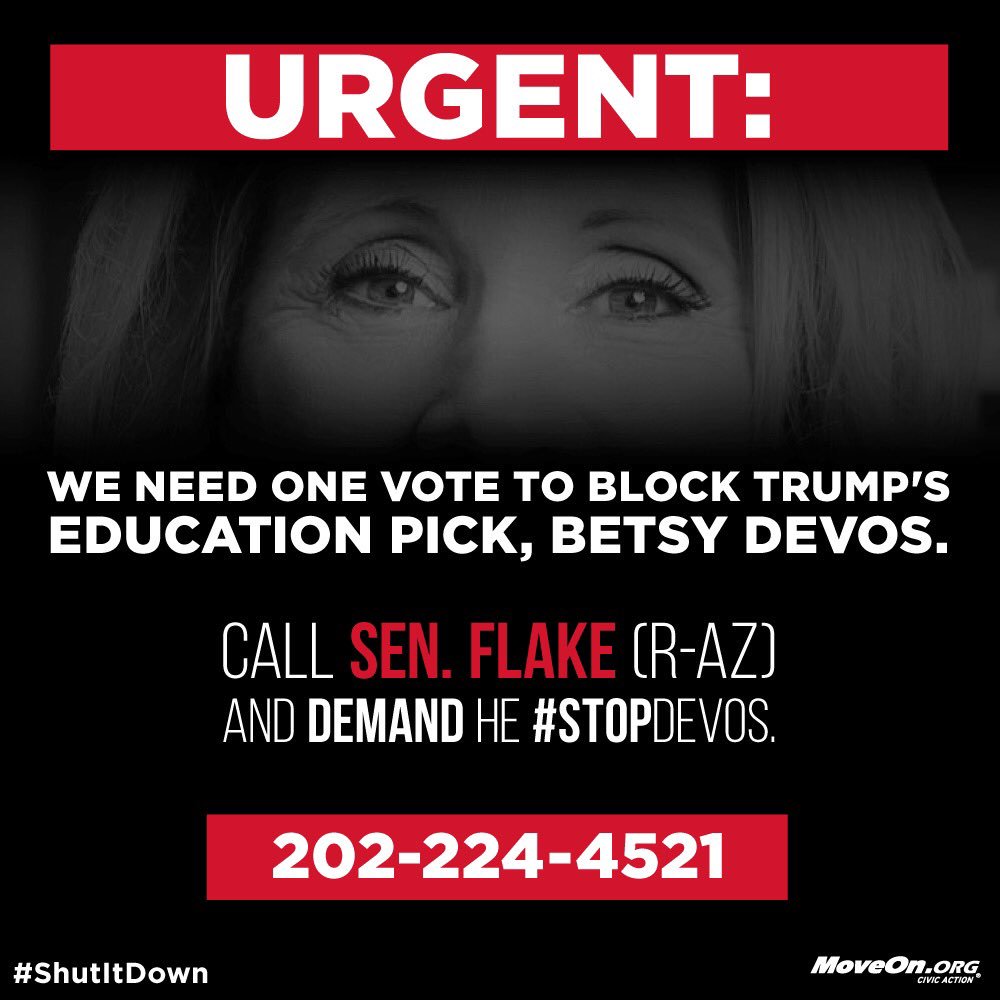 UniteBlue's tweet photo. Call Jeff Flake and tell him to #StopDeVos! We only need one vote. #UniteBlue https://t.co/Yp2IZnxg8I