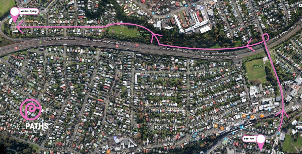 westernsprings's tweet photo. Coming to Guns N’ Roses from the @NRLAKL9s? Walking is the way to go! Follow the pink path from Eden Park to Western Springs #AklPaths https://t.co/GYRsRYwFlB