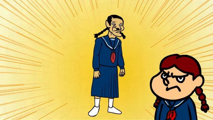 今日は #ツインテールの日 &amp; #おじいさんの日 らしいので、ツインテールのジジィを用意しました。チャラチャラしたツインテールは論外。男なら専ら三つ編みでしょう。 #鷹の爪 #三つ編み #セーラー服 