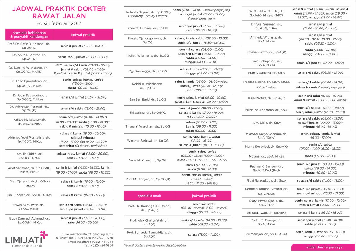 rsialimijati's tweet photo. Jadwal Dokter Rajal Edisi Februari 2017 (Bagian Depan), last update : 02/02/2017 https://t.co/6FIVJbF7Cy