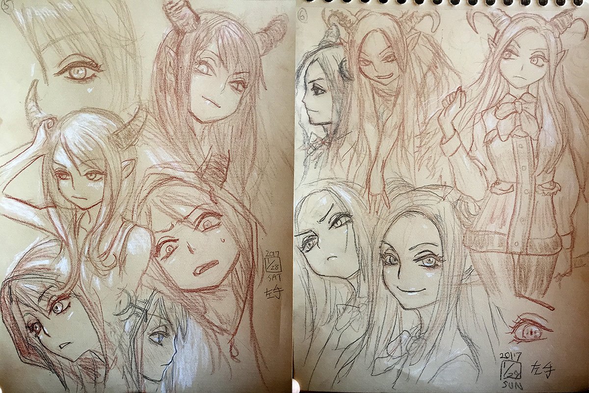左手絵。パース線とかどっちで描いても変わんない系は右手使う。クラフト紙は白鉛筆でのハイライト入れが面白い。 