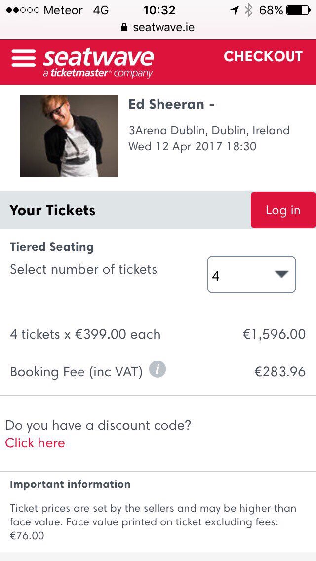 MizzyOB's tweet photo. @edsheeran this is the crap we've to deal with .. @TicketmasterIre sister website now selling your tickets at a mark up of 500% #edsheeran https://t.co/9k1gXv0zeW