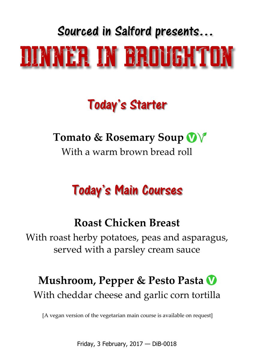 Sourced_Salford's tweet photo. The starter and a choice of main course for just £2. Who's coming to 'Dinner in Broughton' tomorrow? #SocEnt #ComBiz #TheNaz #Salford #M71ZQ https://t.co/RGvlnHL7us