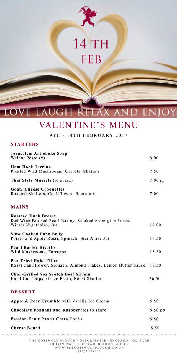 The Cotswold Plough (@ploughclanfield) on Twitter photo Treat Yours Truly .... #Valentine week 9th - 14th of Feb 2017. Take a look <a href="/PloughClanfield/">The Cotswold Plough</a> A La Carte #Valentine's menu below = Yummy!! Treat Yours Truly .... #Valentine week 9th - 14th of Feb 2017. Take a look <a href="/PloughClanfield/">The Cotswold Plough</a> A La Carte #Valentine's menu below = Yummy!!