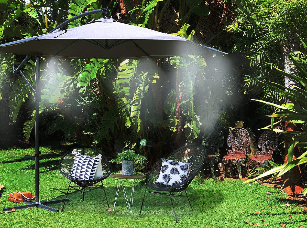 HolmanGarden's tweet photo. Create an oasis in your own backyard by transforming your umbrella into a relaxing cool down area with our misting kit. #holman https://t.co/hgo6jlF6Mx