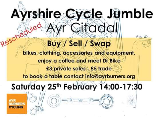 We've rescheduled our Cycle Jumble forward one week to the 25th of February.  If you've got bike stuff to sell then book a table ! #Ayrshire