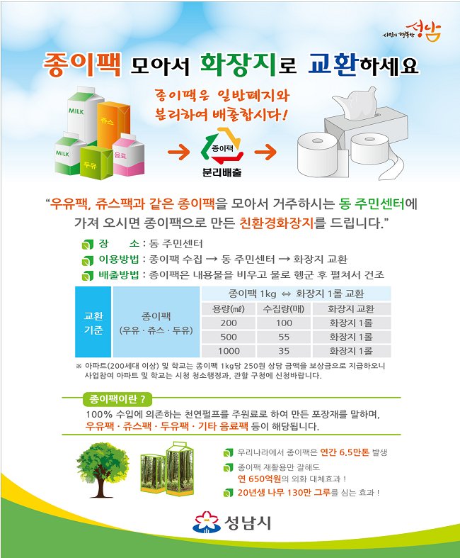 다 먹고 난 우유팩
그냥 버리지 마세요~
모아서 화장지로 교환하세요!

종이팩 사용 후 깨끗이 씻어 말리고
기준에 맞춰 크기별로 묶어서
동 주민센터로 가져오시면
친환경화장지로 교환해드립니다:)

#생활에서_실천하는 
#재활용 #분리배출
#성남시