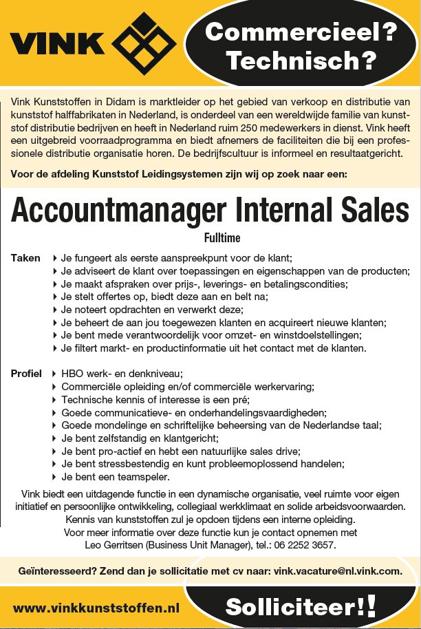 VinkKunststof's tweet photo. Commercieel? Technisch? Solliciteer op onze #vacature Accountmanager Internal Sales: https://t.co/nNdNKDDTDg #montferland #kunststoffen https://t.co/5sbZcY1EJu
