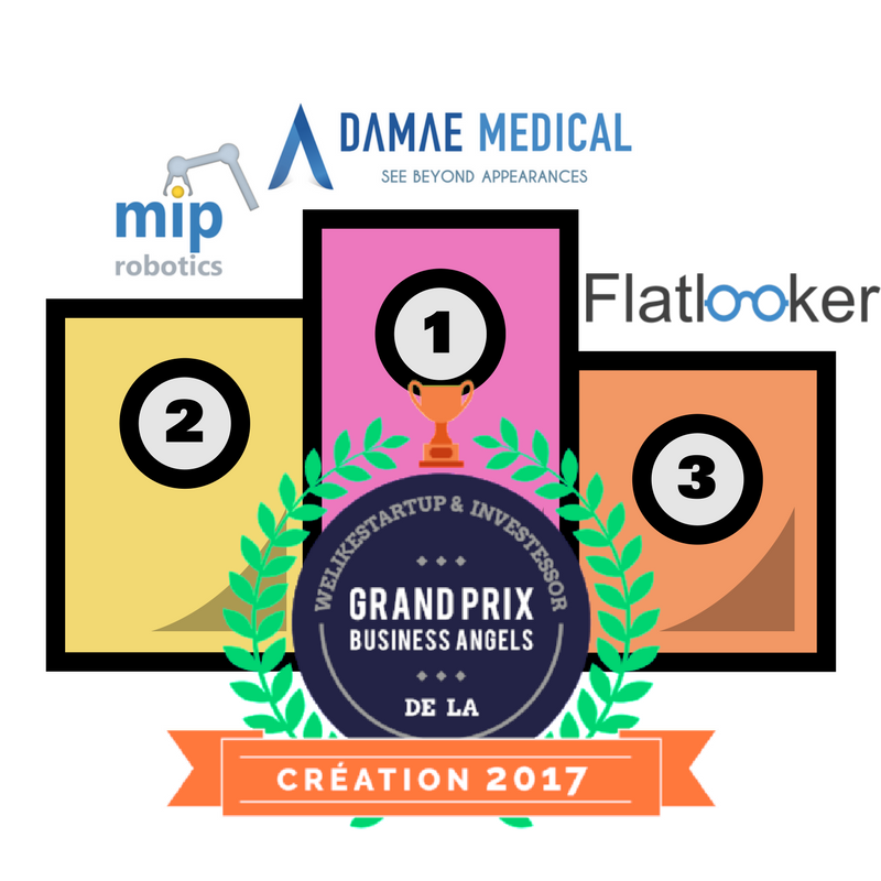 investessor's tweet photo. Voici le podium du Grand Business Angels de la Création 2017 : 🥇1er @DAMAE_Medical, 🥈2ème @MipRobotics et 🥉 3ème @flatlooker. Bravo ! #GPBAC https://t.co/dlFa48rzpY
