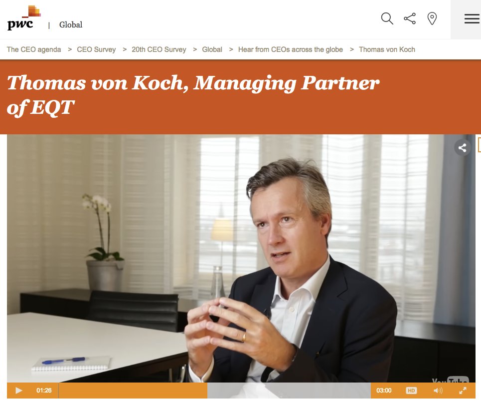 eqt's tweet photo. Thomas von Koch addresses the impacts tech &amp; digitalization will have on future business in @PwC_LLP's #CEOSurvey https://t.co/PzRo8pQw1T https://t.co/rLhlymwbwE