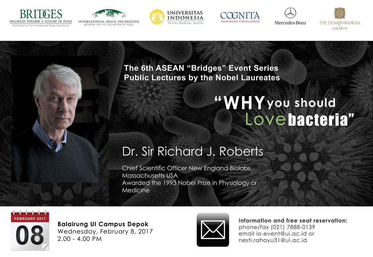 intofUI's tweet photo. Kuliah umum dan penganugerahan honoris causa peraih nobel Dr. Richard J. Roberts. Jangan lewatkan! disediakan snack and sertifikat #AcaraUI https://t.co/V5S6FgwMu0