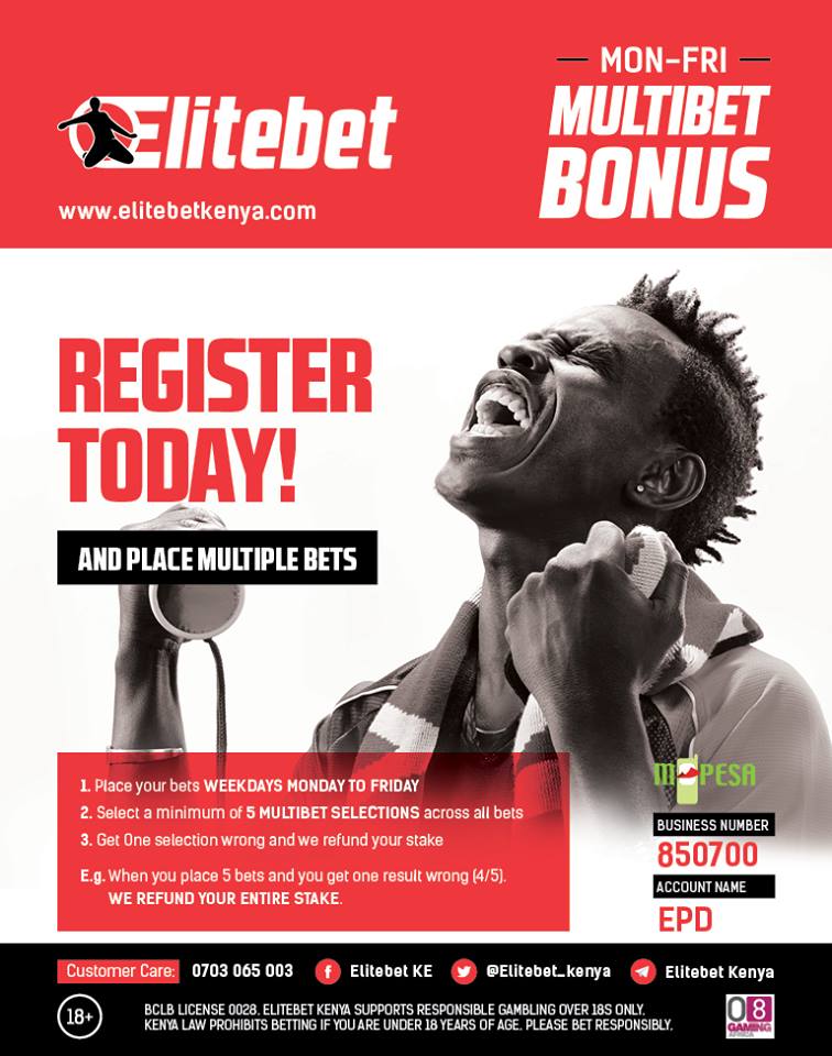 Elitebet_kenya's tweet photo. Go wrong in one prediction in a multibet of 5 games or more, we will return your stake!! #Midweekbonus #Teamelitebet #iamtheChange https://t.co/F1334j86Lw