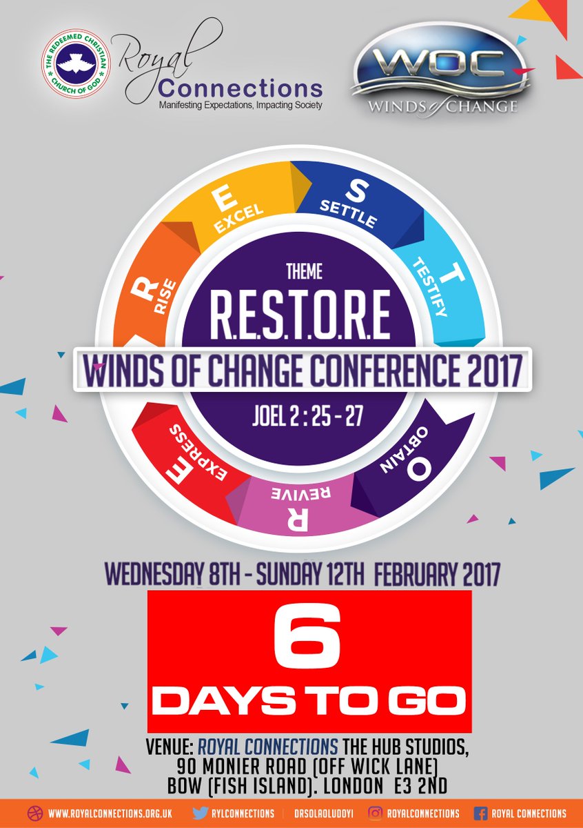BrandMyChurch's tweet photo. RCCG Royal Connections @rylconnections  premier event,  Winds of Change Conference is 6 days away. Are you ready? 
#WOC2017 #RCRestore2017 https://t.co/uugemFbfUo