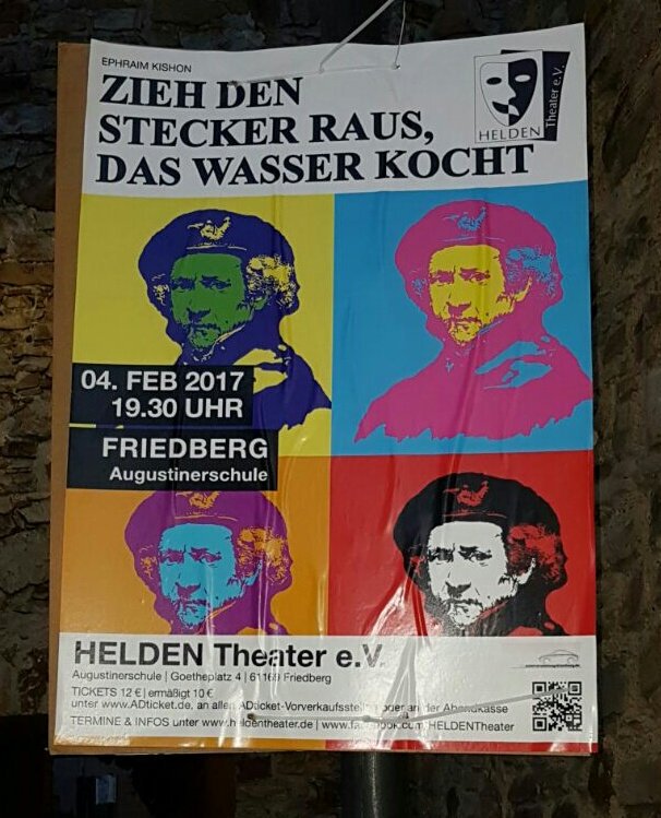 HELDEN_Theater's tweet photo. Am 4. Februar: Wir machen wieder #Theater #Friedberg, #Wetterau Aula der Augustinerschule. Kishons "Zieh den Stecker raus, das Wasser kocht" https://t.co/bfWZDIldm9