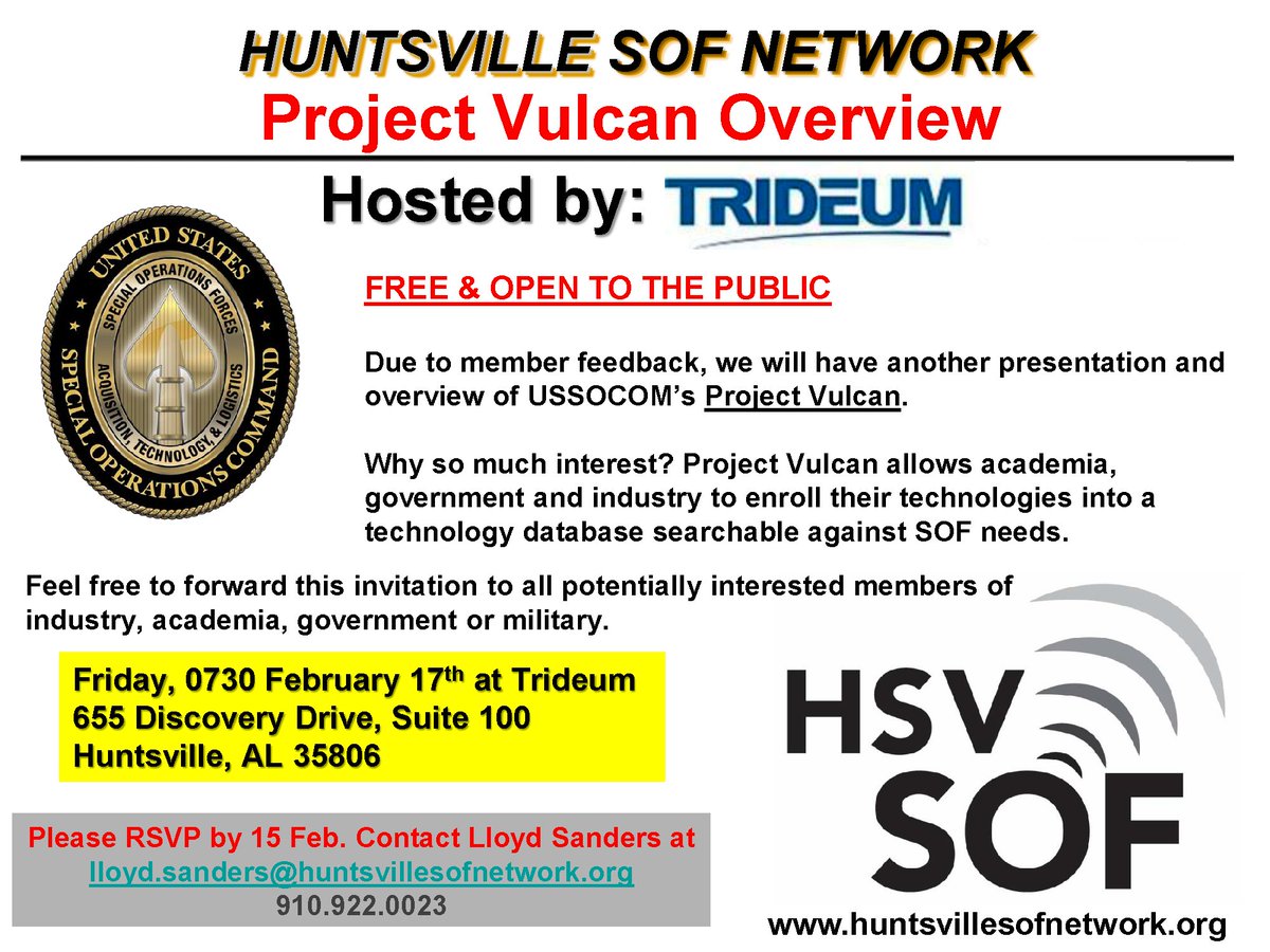 hsvSOFnetwork's tweet photo. Project Vulcan builds visibility of #Huntsville technologies/capabilities to customers across the #SOF Enterprise. #HSVSOF #SOCOM #SpecOps https://t.co/FTGZyMBTsv