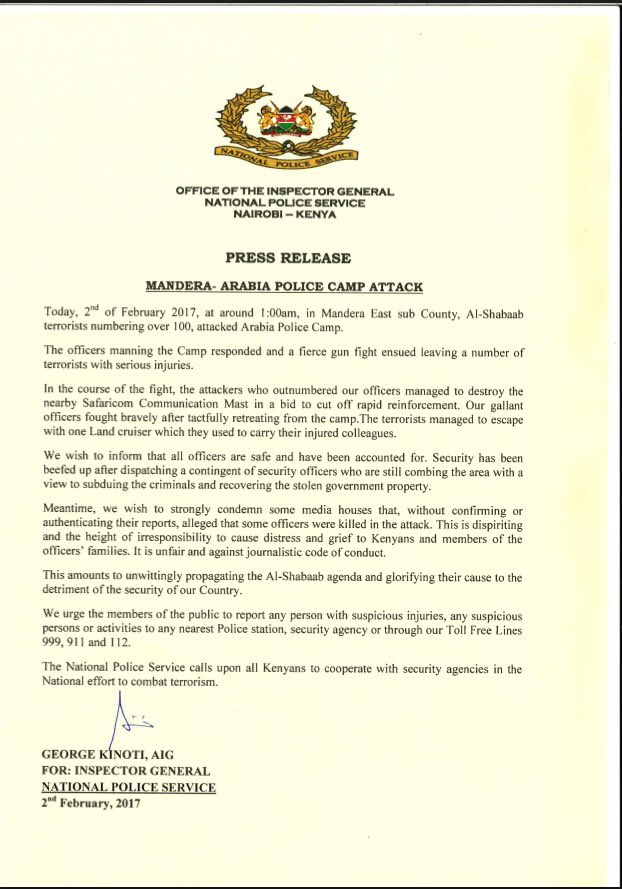 NPSOfficial_KE's tweet photo. PRESS RELEASE:MANDERA-ARABIA POLICE CAMP ATTACK. https://t.co/mdkYM0Mdny