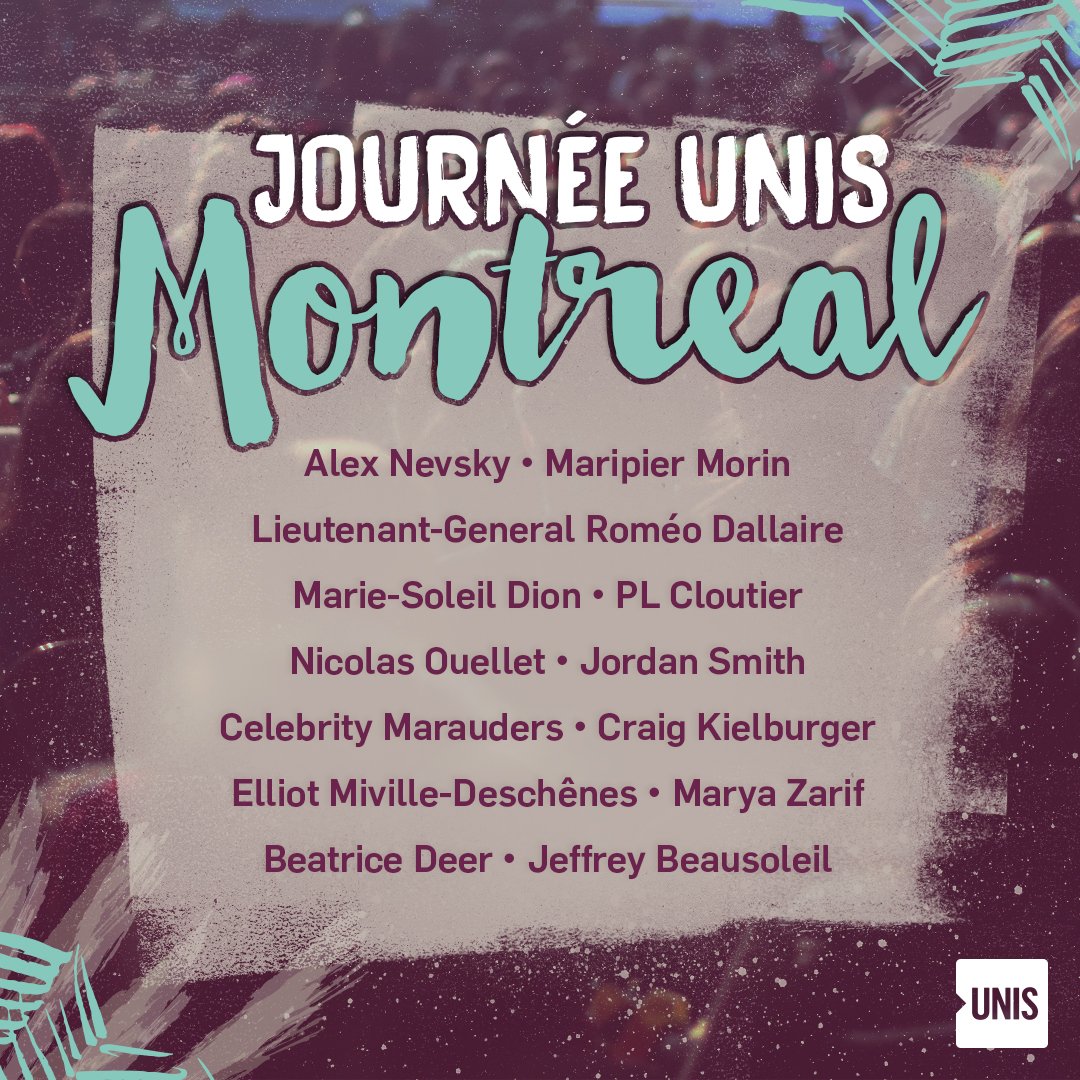 .<a href="/MouvementUNIS/">UNIS</a> dévoile la programmation de la #JournéeUNIS #Montréal <a href="/alex_nevsky_/">Alex Nevsky</a> @maripiermorin <a href="/romeodallaire/">General Roméo Dallaire</a> <a href="/mariesoleildion/">Marie Soleil Dion</a>
