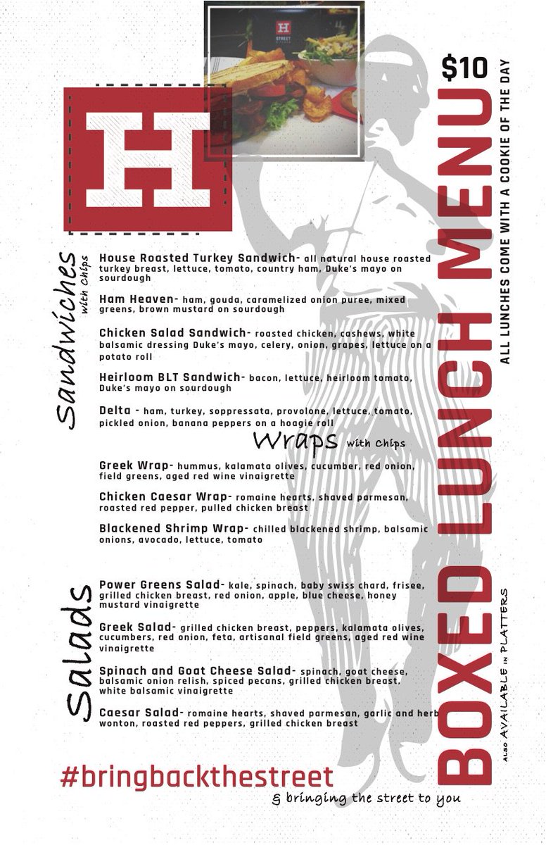 Check out <a href="/hstreetkitchen/">H-Street Kitchen</a>'s new Boxed Lunch Menu! Boxed &amp; delivered, the $10 menu offers a great addition to your tailgate or office party.