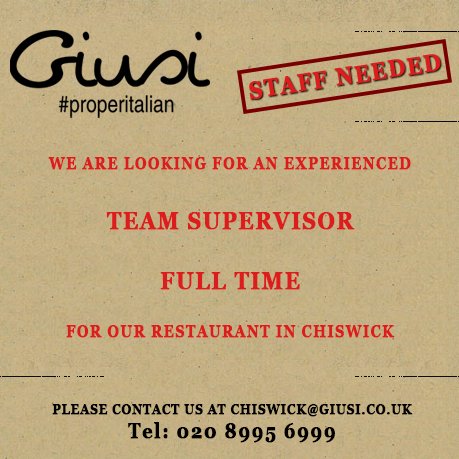 GiusiAtChiswick's tweet photo. We urgently need a team supervisor for our restaurant in Chiswick. Please share or contact us to apply. Grazie! https://t.co/CpgFxiTrS2