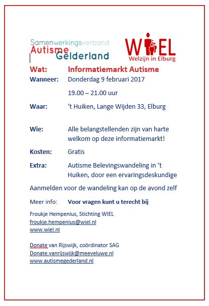 Informatiemarkt Autisme, donderdag 9 februari om 19.00 uur in wijkontmoetingscentrum 't Huiken. Van harte welkom.