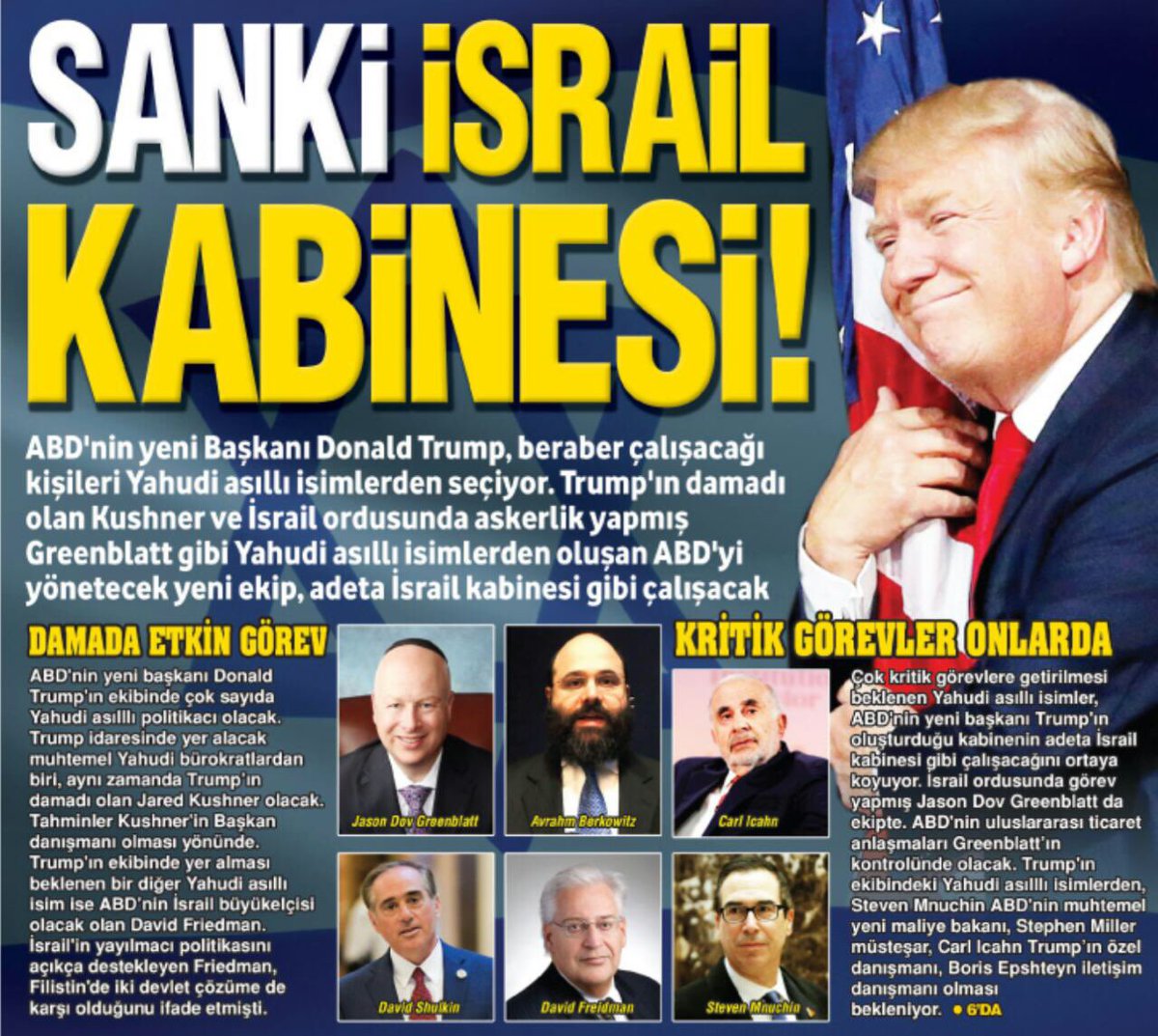 MedyaHur's tweet photo. ABD'yi yönetecek yeni ekip, adeta İsrail kabinesi. Çünkü Trump kritik görevlere Yahudi asıllı isimleri seçiyor. https://t.co/2LhibCRanz