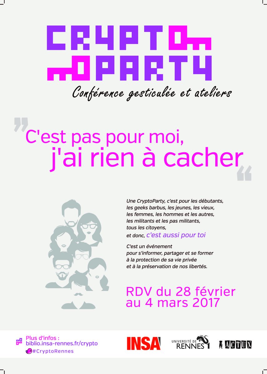 CryptoPartyRNS's tweet photo. [#CryptoRennes] Retrouvez nous du 28/02 au 4/03 et un peu partout durant le mois pour parler #vieprivée à #Rennes
=> https://t.co/9gOeIST65E https://t.co/BkJz6zEuz2