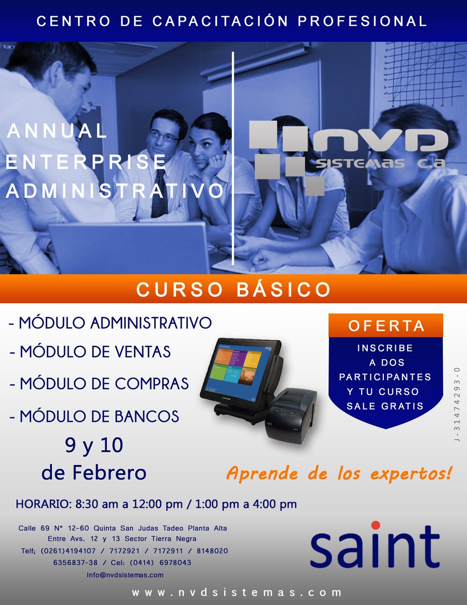 nvdcurso's tweet photo. CURSO ANNUAL ENTERPRISE ADMINISTRATIVO NIVEL BÁSICO @saintnet @SoporteSaint @DV_Consultores @estamosenlinea #FelizJueves #2Feb #Maracaibo https://t.co/wZQcN1FZOl