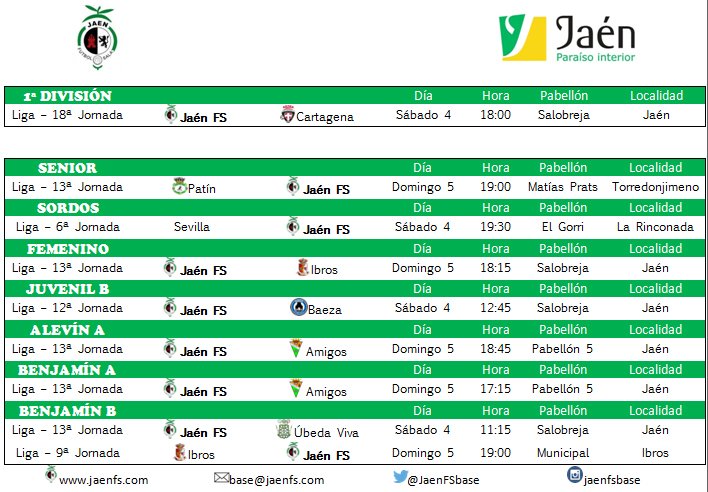 Horarios para este fin de semana de todos los equipos del <a href="/JaenFS/">Jaén Paraíso Interior FS</a> #futuramarillo #apredemoscompetimos #somoscantera
