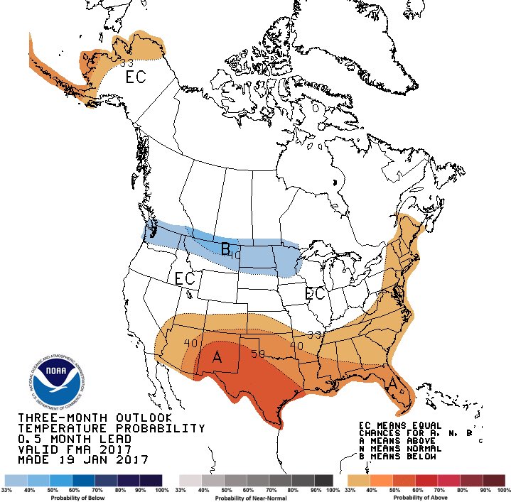 chswx's tweet photo. The Climate Prediction Center is at odds with Phil: Warmer than normal temperatures all the way into spring according to their outlook. https://t.co/Tqgd3InBxx