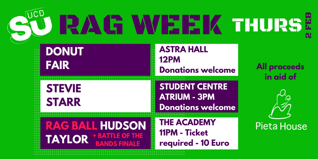 PietaHouse's tweet photo. A Donut Fair, a jaw-dropping performance by Stevie Starr, and Hudson Taylor for the RAG Ball are rounding off #UCDRAGWeek for Pieta House! https://t.co/YpSWiDUWUE