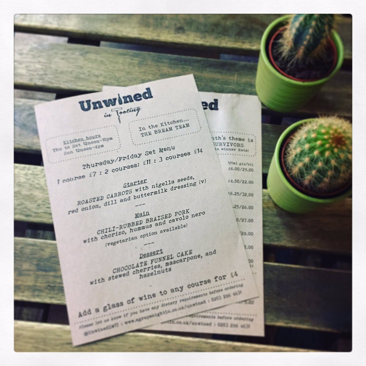 UnwinedAtYours's tweet photo. It's Thursday, which means #setmenu available @UnwinedSW17 with @TheBreamTeam until 7:30 tonight! #theSurvivors #seasonal #delicious https://t.co/rmULI4qtad