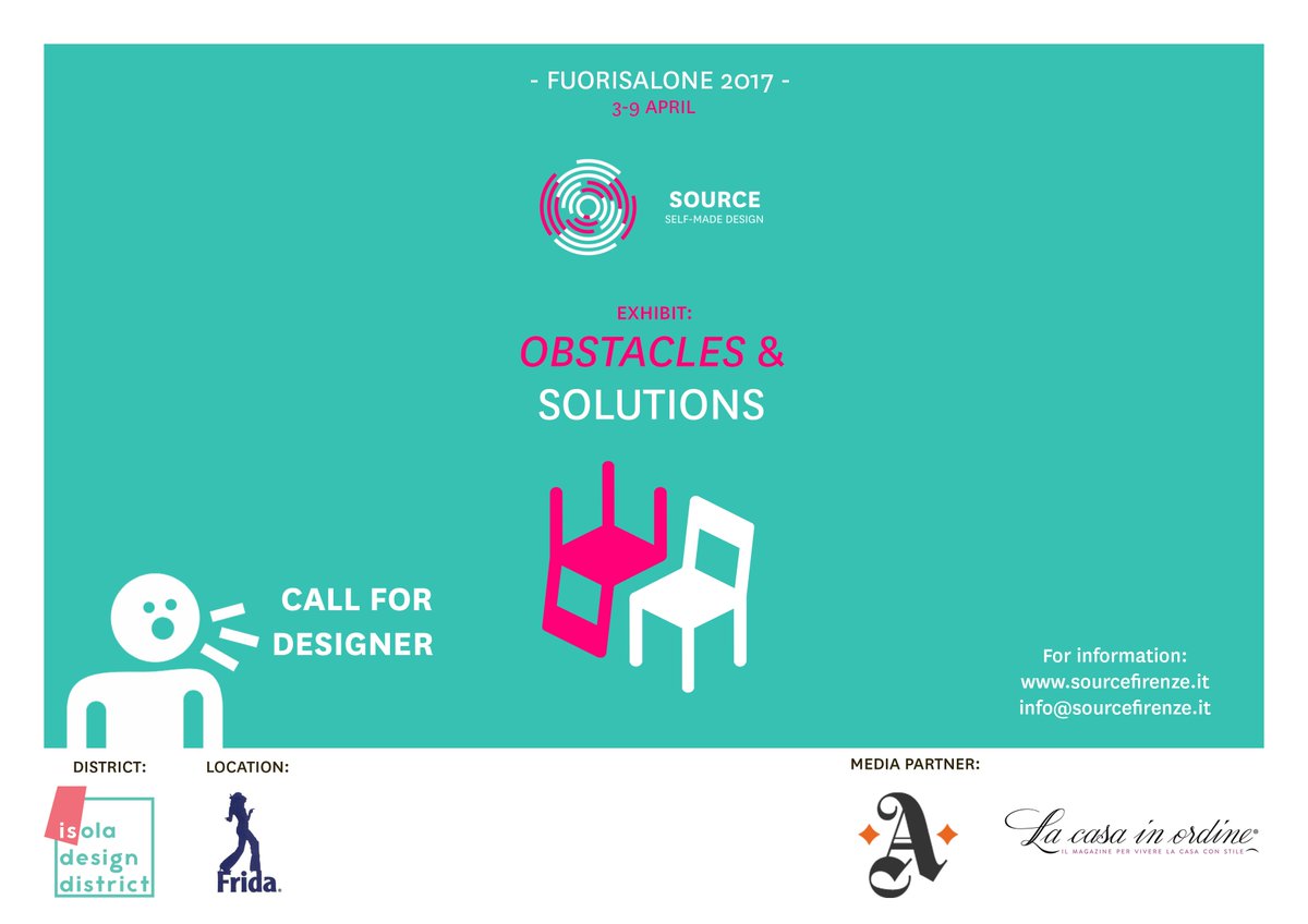 sourcesdna's tweet photo. CALL FOR #designer - #FUORISALONE2017
OBSTACLES &amp; SOLUTIONS
Frida - #Isola Design District  - #Milano
3-9 April 2017
https://t.co/KpsylEzTsy https://t.co/ALKkRoDEmX