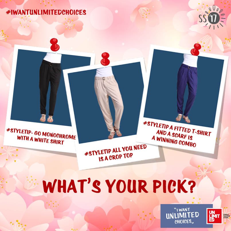 Unlimited_Ind's tweet photo. Variety is the spice of life! Black, blue or beige trousers?#UnlimitedStyles #UnlimitedColours #SpringUnlimited #SpringSummer #SS17 #India https://t.co/H2JdPRchCt
