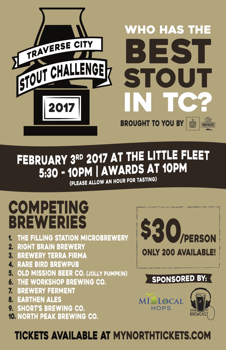MILocalHops's tweet photo. The 2017 2nd Annual Traverse City Stout Challenge is upon us. It's happens at 5:30pm on 2/3/17 at @thelittlefleet. Tix are still available! https://t.co/AqDXyWPmnS
