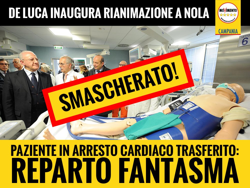M5SCampania's tweet photo. #SMASCHERATO! 
DE LUCA INAUGURA REPARTO DI RIANIMAZIONE A NOLA, MA È UN BLUFF. 
https://t.co/2ftqnXHgRX https://t.co/mntxKqEukH