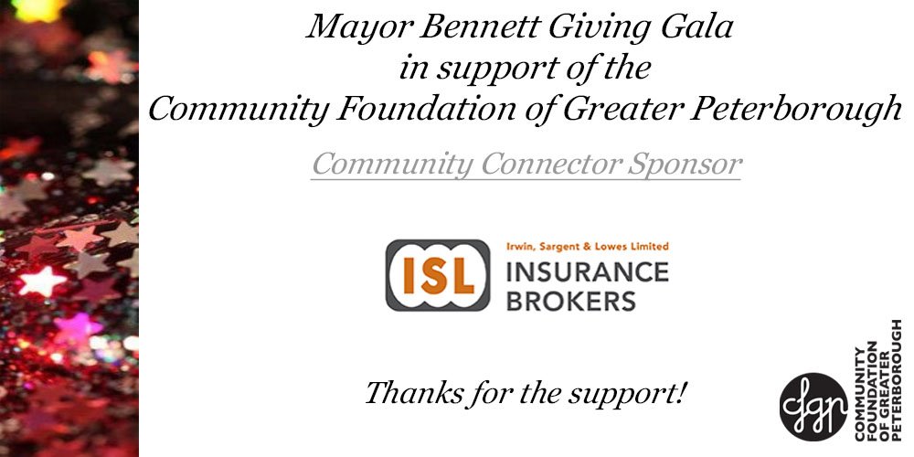 CF_GreaterPTBO's tweet photo. Thanks to Gala sponsor @isl_insurance. We are 2 days away from this amazing event! #MayorsGalaPtbo #Thanks #Ptbo 🎉🎉 https://t.co/owkn7eRBn3
